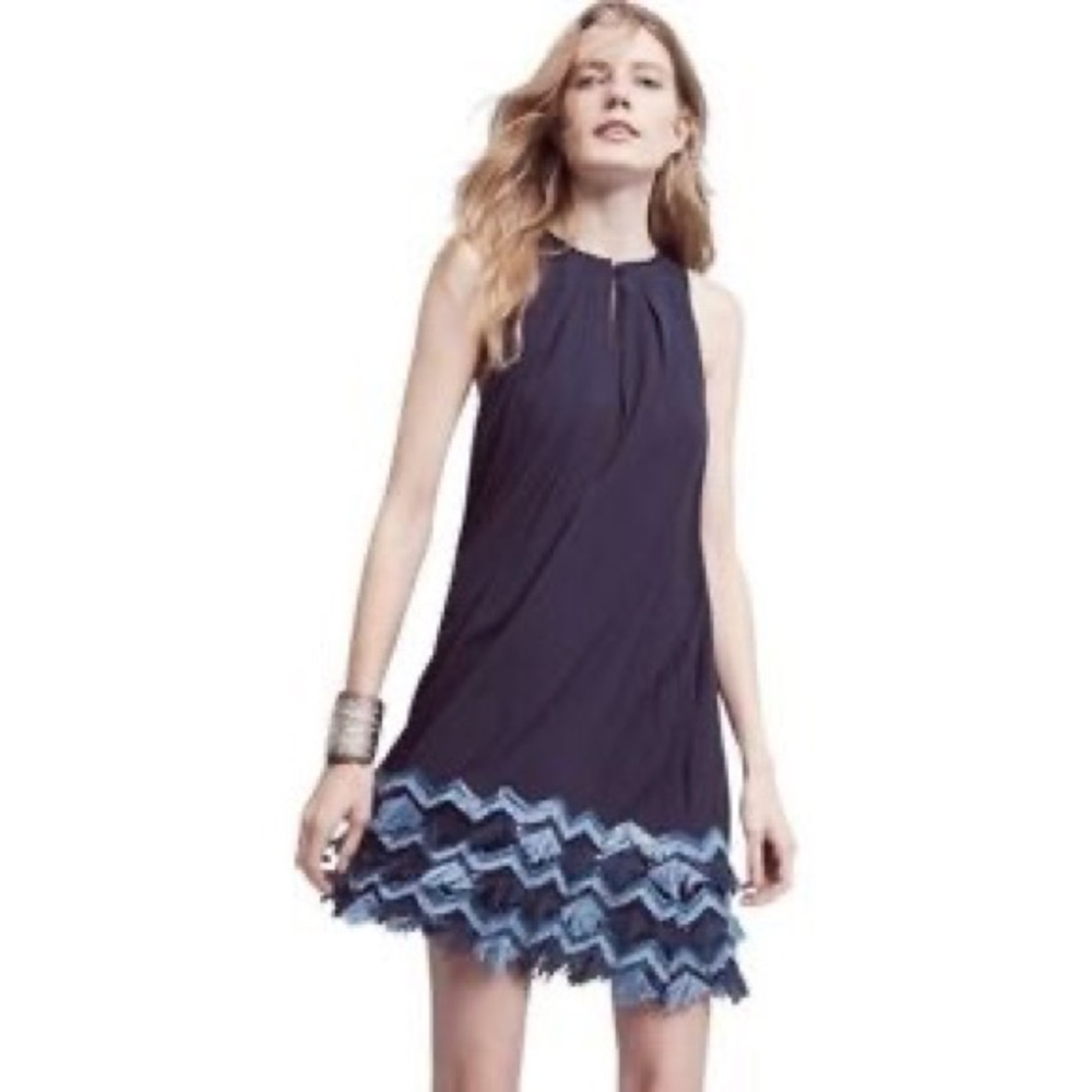 Anthropologie Maeve Navy Festivity Chevron Fringe Sequined Swing Dress Size 2